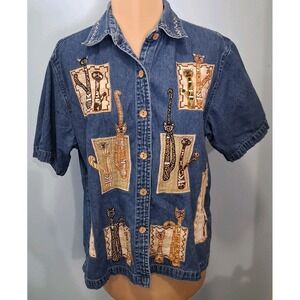 Dress Barn Women Shirt Sz L Cat Theme Patchework Short Sleeve Button Denim Blue